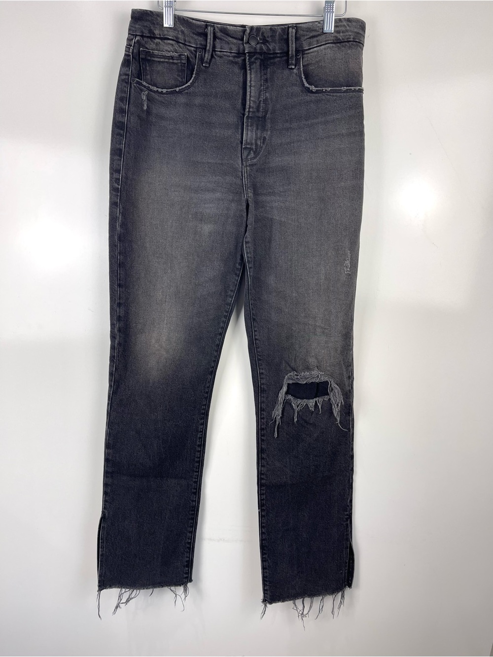 Good American Good Boy Jeans Women’s Size 10/30 Faded Black Distressed Side Slit